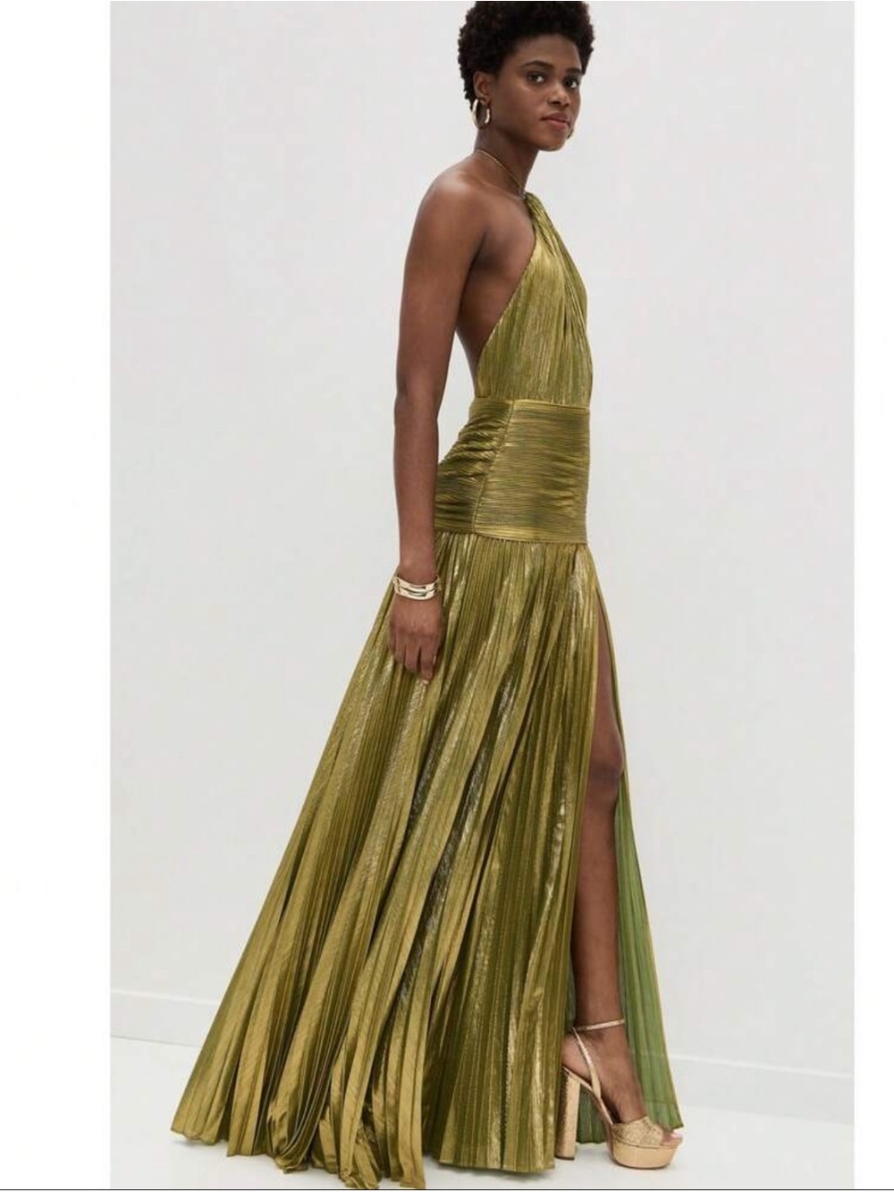 Gold One-Shoulder Pleated Maxi Dress with Halter Neck - Picture 4 of 6